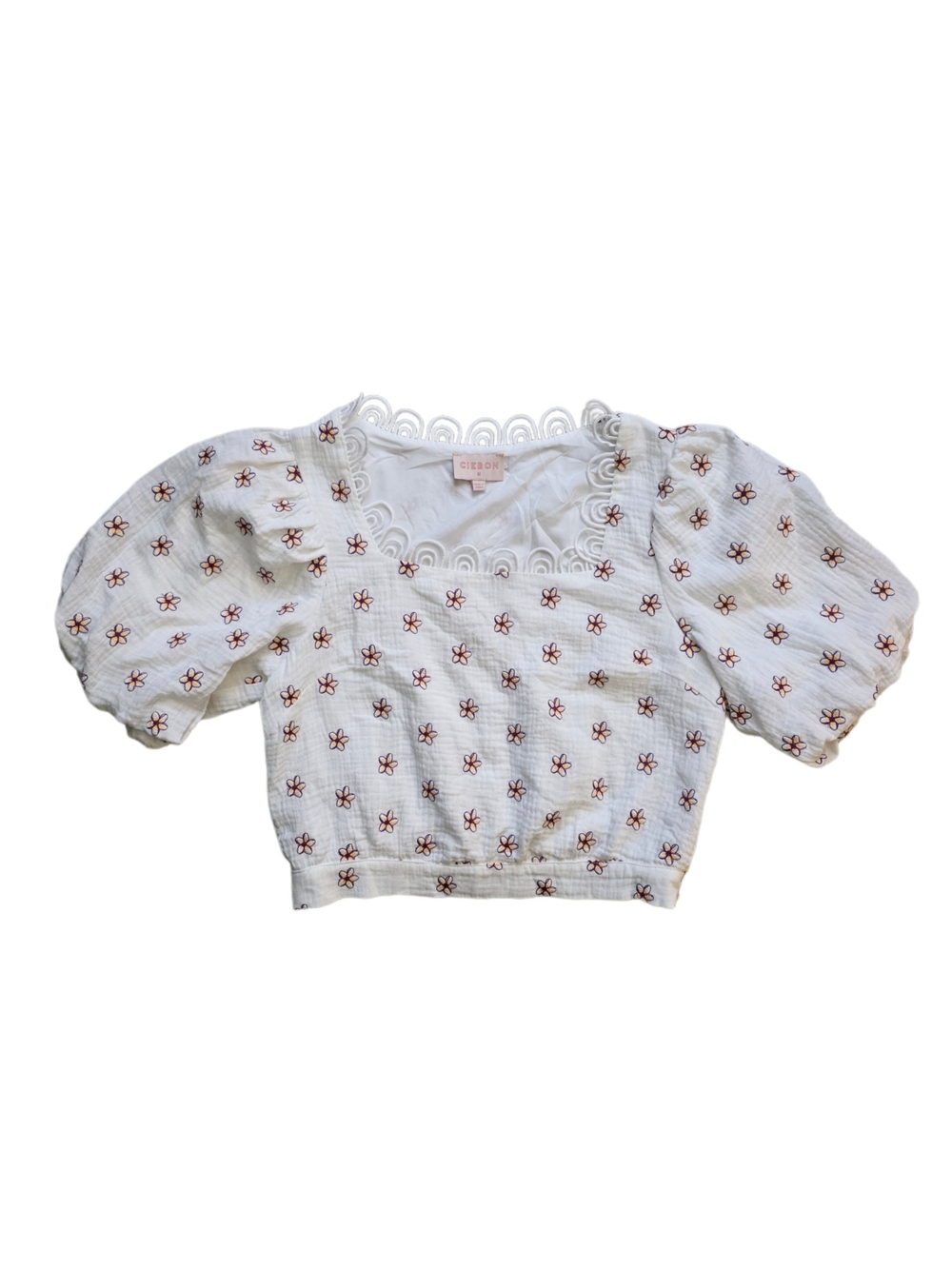 Gibson White Cropped Puff-Sleeve Blouse with Brown Floral Embroidery